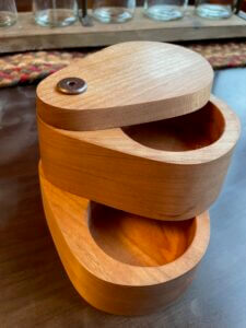 Hinged salt cellar made of cherry with two salt wells